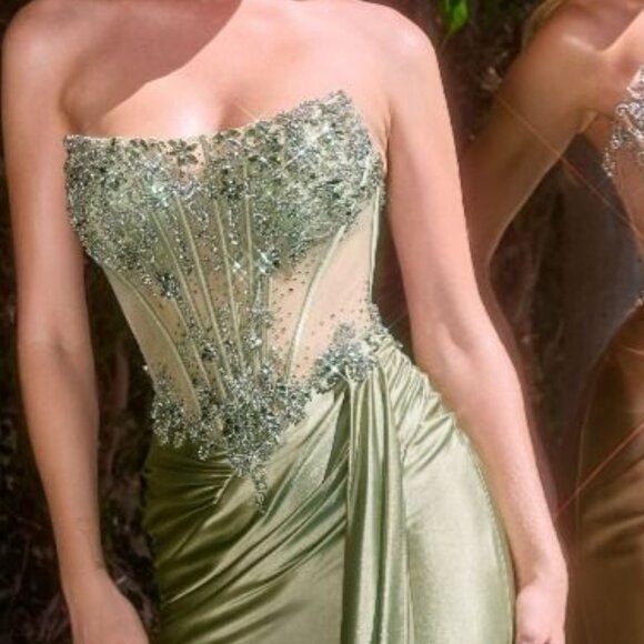 New Sage Beaded Graduation Long Satin Dress w/ Corset Bodice & Leg Slit CD C169 - Picture 8 of 9